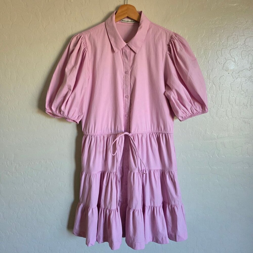 Abercrombie & Fitch Puff Sleeve Tiered Mini Dress Pink Poplin Size S Button Up